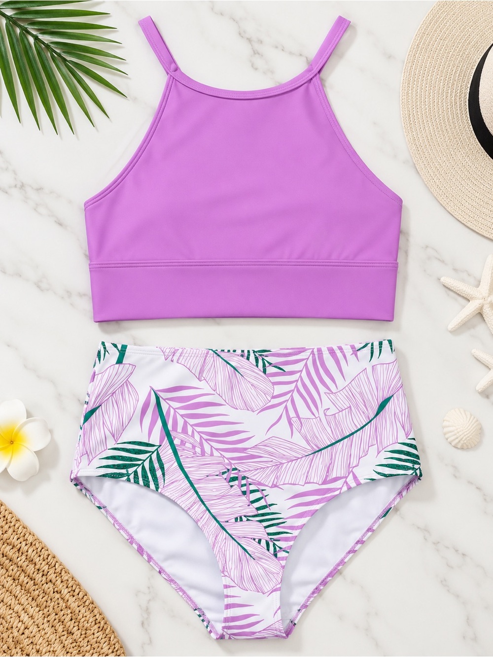 New without tags: Purple High-Neck Tankini Set with Tropical Print Bottom